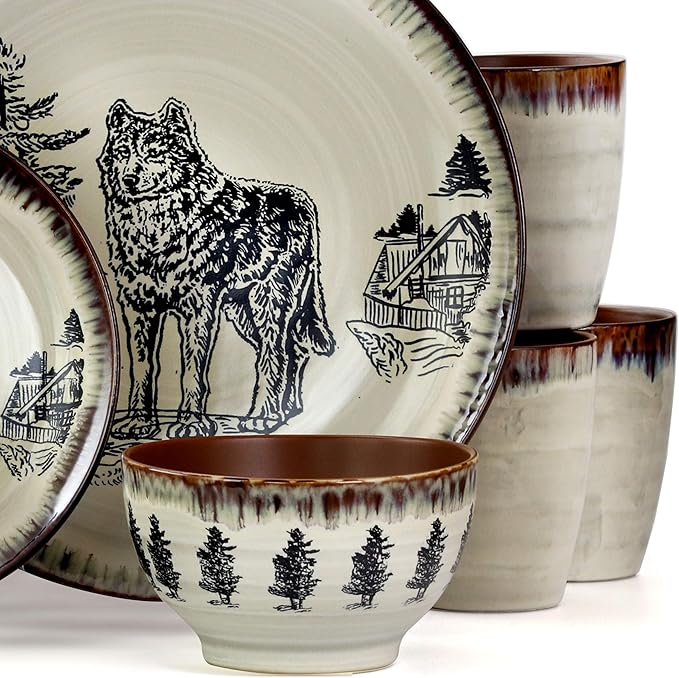 Misc Wolf 16 Piece Round Stoneware Dinnerware Set in Taupe Tan Animal Casual Microwave Safe