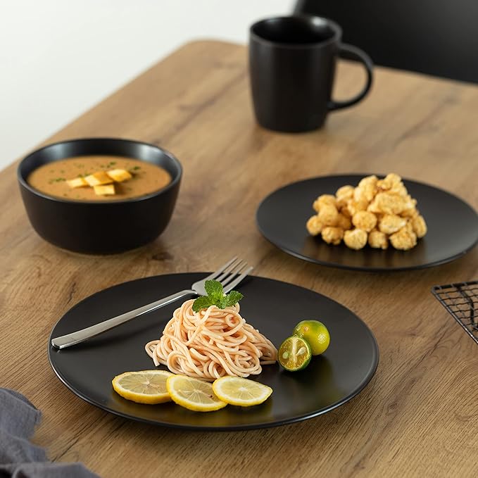 64-Pc Modern Dinnerware Set for 16 Including Mugs Bowls Salad and Dinner Plates Highly Chip Resistant Dishwasher Microwave and Oven Safe Black