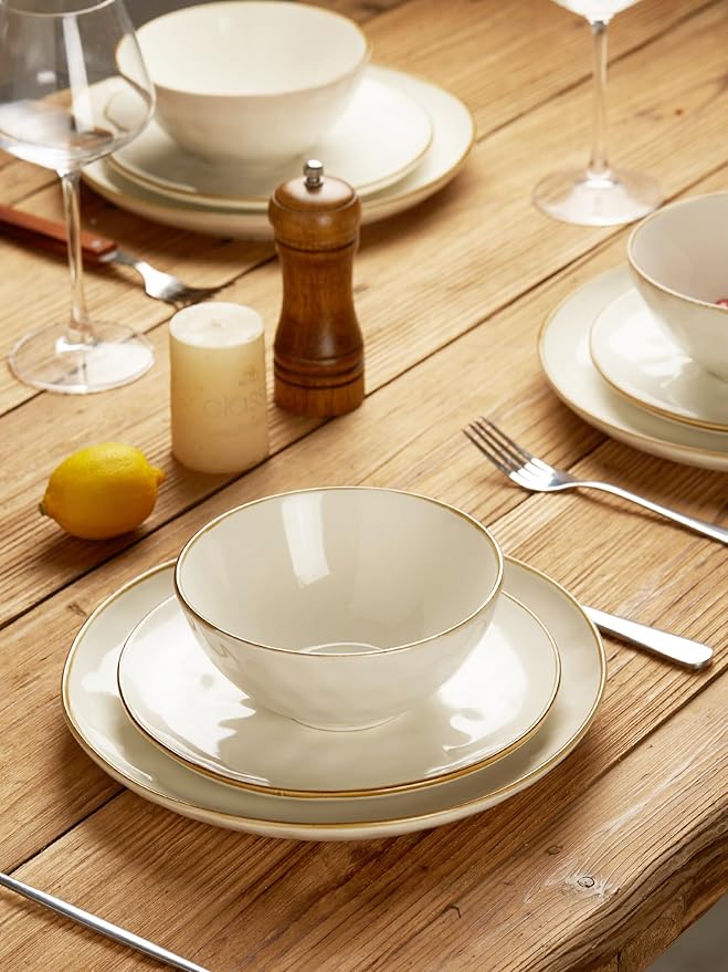 Famiware Ocean Round 12 Pieces Dinnerware Set + 6 Pieces Dipping Bowl Set Microwave and Dishwasher Safe Vanilla White