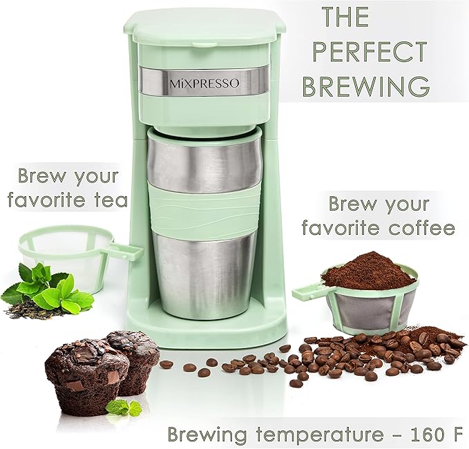 Mixpresso Single Cup Coffee Maker &amp 14oz Travel Mug Lightweight Personal Drip Coffee Brewer &amp Tumbler Compatible with Coffee Grounds Bubdle With 3 Piece Set Of Airtight Coffee And Sugar Plas