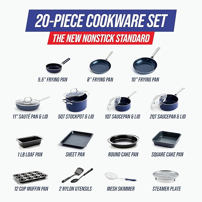 Blue Diamond 20 Piece Nonstick Cookware Set Diamond Ceramic Pots &amp Pans Dishwasher &amp Metal Utensil Safe Non Toxic PFAS-Free Kitchen Cooking Sauce &amp Saute Pans Oven &amp Broiler to 60