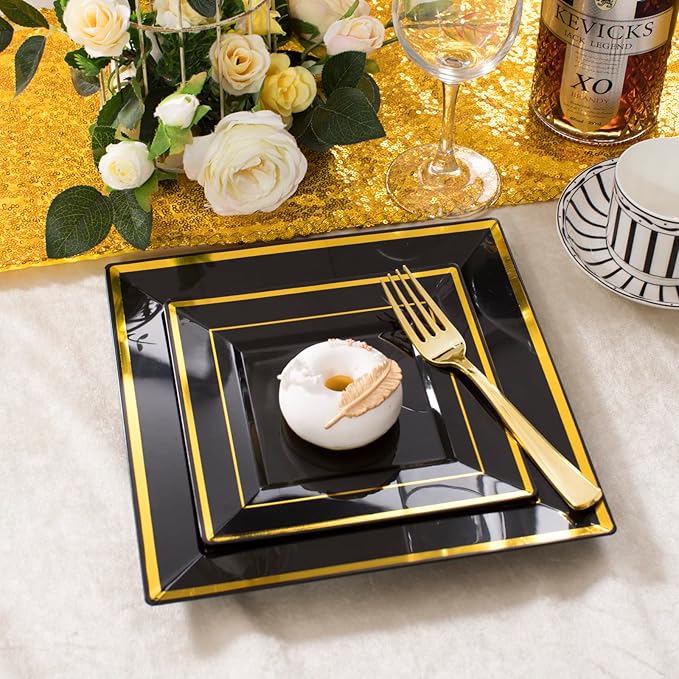 WDF 125Pieces Black Square Plastic Plates with Gold Rim Gold Disposable Silverware - include 25Pcs Dinner Plates25Pcs Dessert Plates25 Forks 25 Knives 25 Spoons for New Year (Pack of 2)