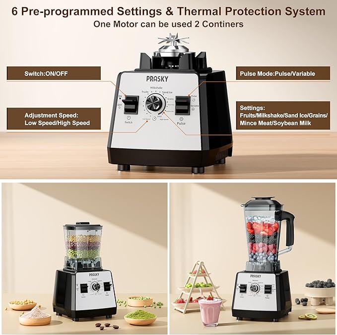 Blenders for Kitchen Smoothie Blender 2400W/1000W Prasky Blender &amp Grinder Combo 25000 RPM High Speed 68oz BPA-Free Food Processor Countertop Blender for Smoothies Shakes &amp Food (White