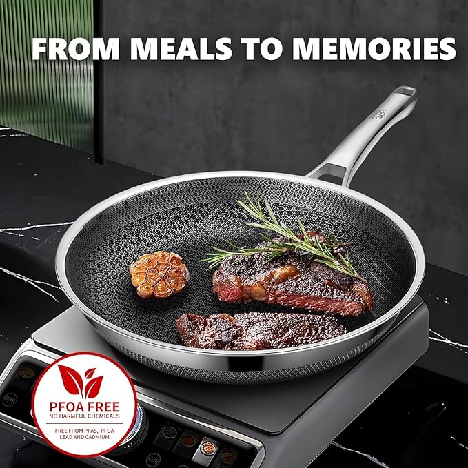 Non Stick Frying Pans Set with 2 Lid Hybrid Skillet Set Nonstick (8+10+12inch) Pans for cooking PFOA Free Stainless Steel Kitchen set Dishwasher and Oven-Safe Cookware Sets