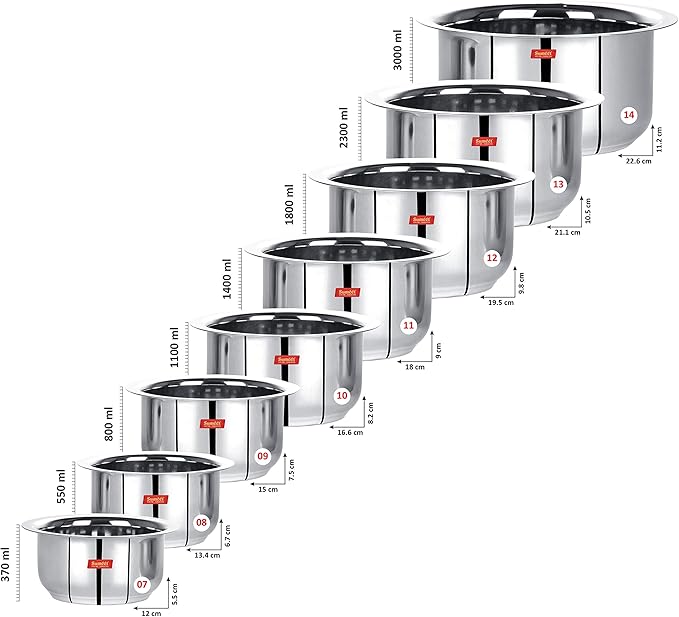 Sumeet Stainless Steel Mini to Big Size Flat Bottom Induction &amp Gas Stove Friendly Tope/Patila/Cookware Set of 8Pcs (370ML 550ML 800ML 1100ML1400ML 1800ML 2300ML 3000ML)