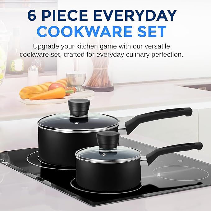 SereneLife 6-Piece Pots and Pans Set – Nonstick Cookware Black Coating Heat-Resistant Dishwasher safe Includes Fry Pans Saucepans with Lids Color Black