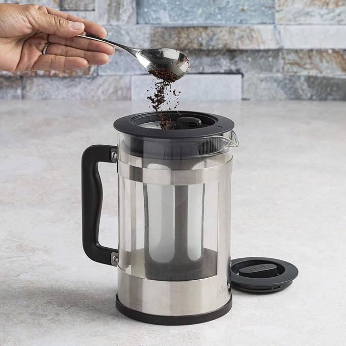 Primula Kedzie Deluxe Cold Brew Iced Coffee Maker Comfort Grip Handle Durable Glass Carafe Removable Mesh Filter 6 Cup Brushed Stainless Steel