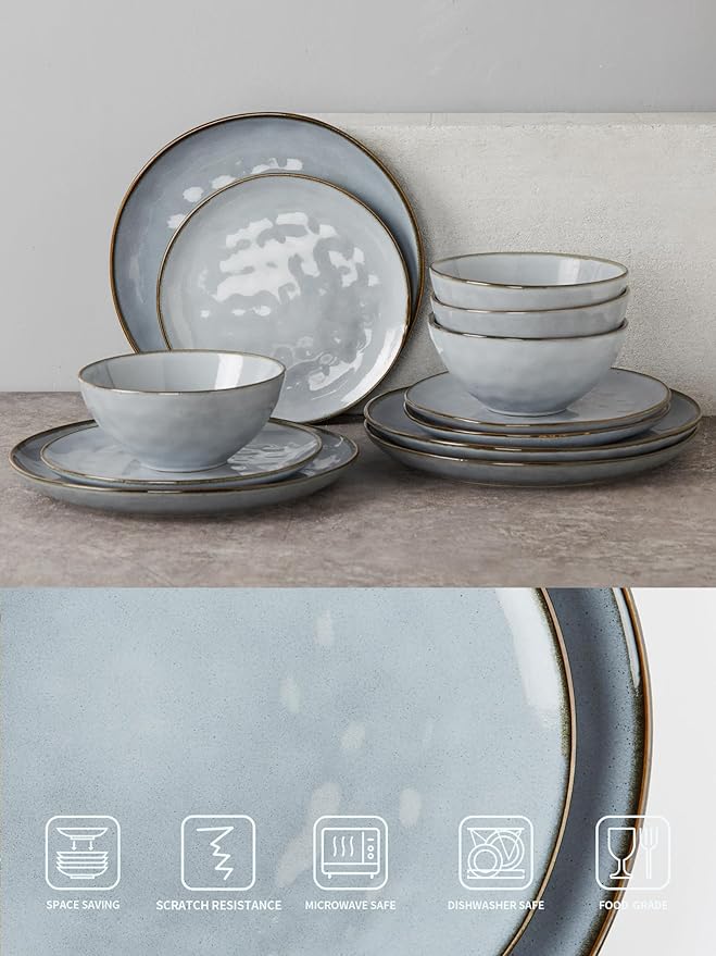 Famiware Ocean Round 12 Pieces Dinnerware Set + 6 Pieces Dipping Bowl Set Microwave and Dishwasher Safe Blue