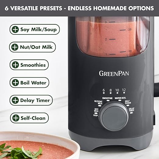 GreenPan Nut Milk Maker 15-in-1 Homemade Soy Almond Oat Coconut Non-Dairy Rice Soup Baby Food BPA-Free Smooth Creamy Texture Self Clean Barista Quality Milk Delay Start Boil Water Gray