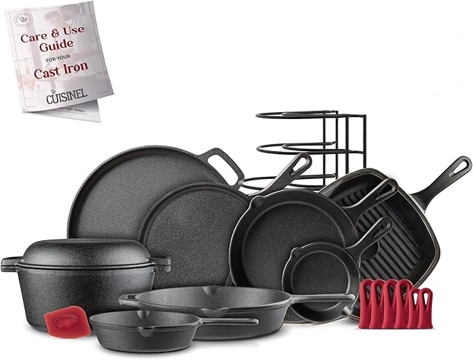 Cuisinel Cast Iron Cookware 18-Piece Set - Pre-Seasoned 6 + 8 + 10 + 12 Skillet + Grill Pan+Lid + Griddle + Pizza Pan + Dutch Oven+Pan Cover + Panrack + Silicone Handle Grips + Pan Scraper/Cleaner