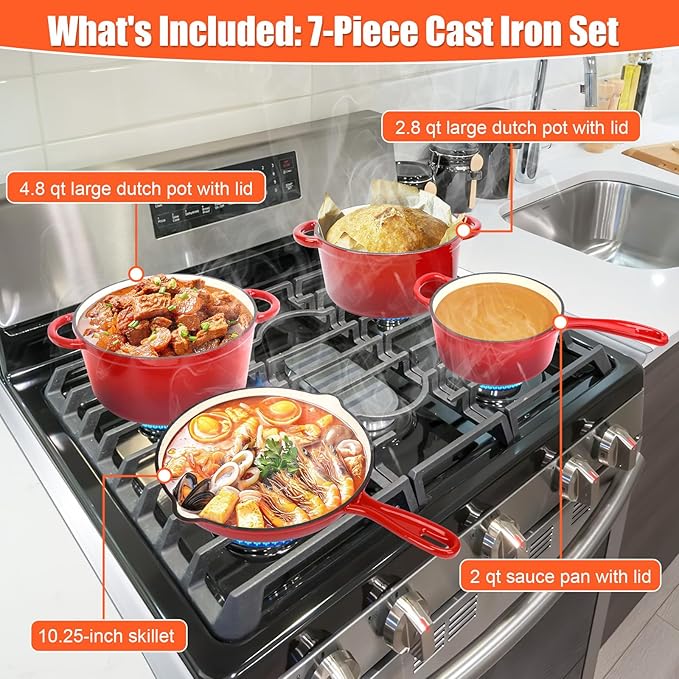 QuliMetal Nonstick Enameled Cast Iron Cookware Set 7-Pcs Pots and Pans with Lid Frying Pan Skillet Sauce Pan Healthy Round Dutch Oven Pot for Sourdough Bread Baking on All Stovetop Rouge Red