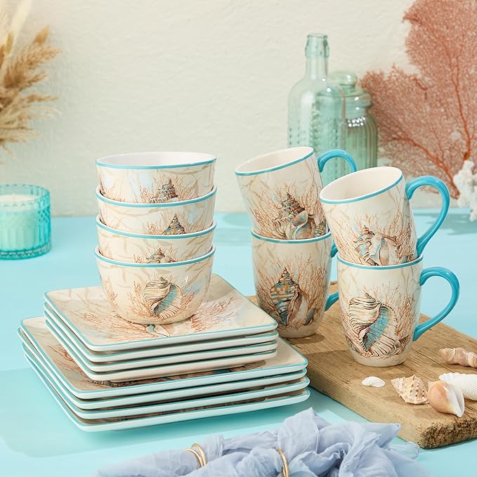 Escape to the Sea 16-Piece Dinnerware Set Coastal Shell &amp Coral Design Aquatic Hues Durable Ceramic Microwave &amp Dishwasher Safe Elegant Nautical Dining Décor