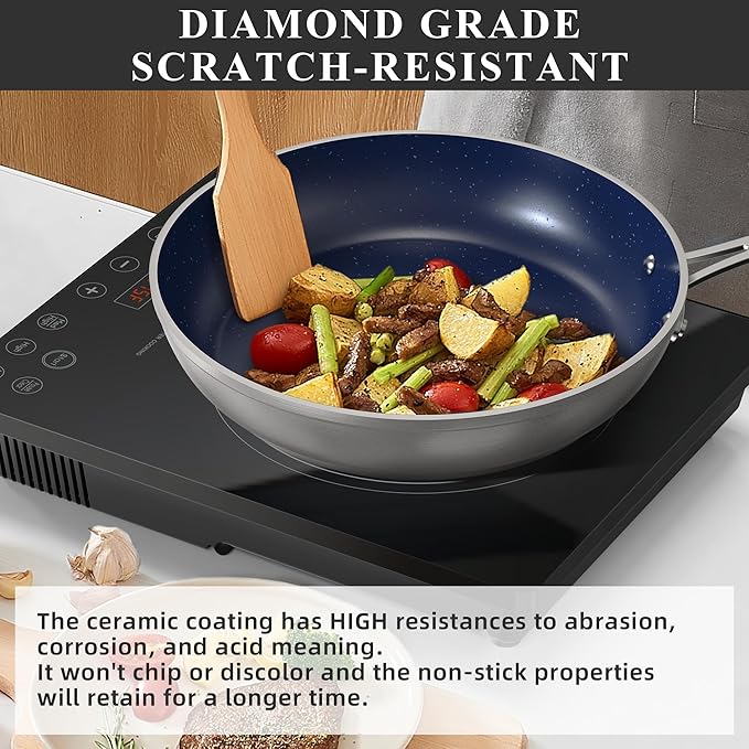 Nuwave Healthy Duralon Blue Ceramic Nonstick Cookware Set Diamond Infused Scratch-Resistant PFAS Free Dishwasher &amp Oven Safe Induction Ready &amp Evenly Heats Tempered Glass Lids &amp Stay-