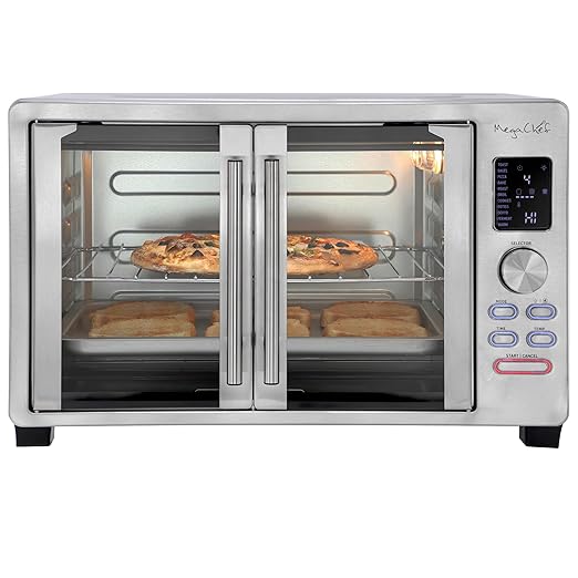 MegaChef 30 Quart Digital French Door Multi-Function Convection Toaster Oven with Rotisserie Set &amp Toast Bagel Pizza Bake Roast Broil Cookies Dehydrate &amp More Presets