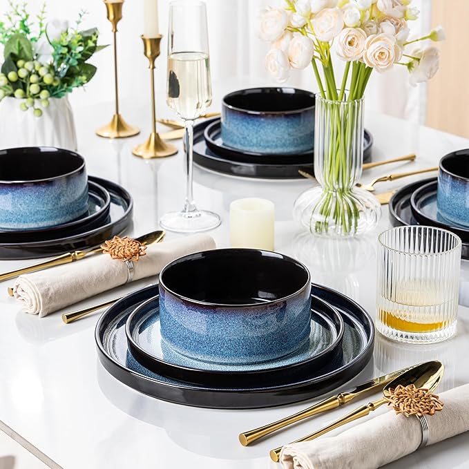 LERATIO Ceramic Dinnerware Sets for 4Round Reactive Glaze Ceramic Plates and Bowls SetHighly Chip and Crack Resistant | Dishwasher &amp Microwave Safe Dishes SetService for 4 (12pc)-Blue