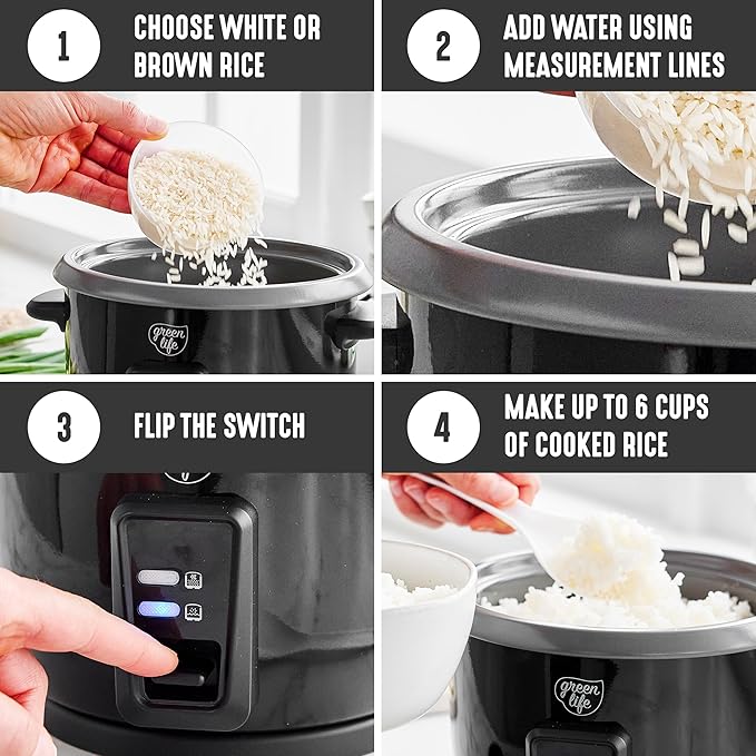 GreenLife Rice Cooker with Removable PFAS-Free Ceramic Nonstick Pot 3-Cups Uncooked/6-Cups Cooked Grains &amp Oatmeal Multicooker Compact One-Switch Design Auto Keep Warm Easy Clean Black