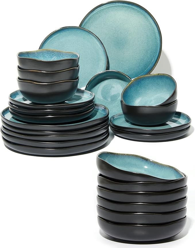 24 piece Stoneware Dinnerware Sets Green Black