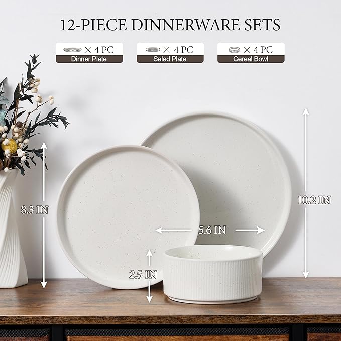 E-far 12-Piece Plates and Bowls Sets with 35oz Pasta Bowls Set of 4 Stoneware Dinnerware Dishes Sets Kitchen Modern Dining Dishware Speckled White