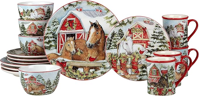 Homestead Christmas 16-Piece Dinnerware Set – Holiday Tableware for 4 with Festive Horse &amp Barn Scenes – Winter Ceramic Plates Bowls &amp Mugs – Farmhouse Country Christmas Décor