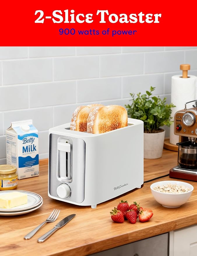 Betty Crocker 2-Slice Toaster 900W Variable Toast Shade Control High Lift Feature Cool Touch Housing Bread Centering Guides Drop Down Crumb Tray BC-5632W White