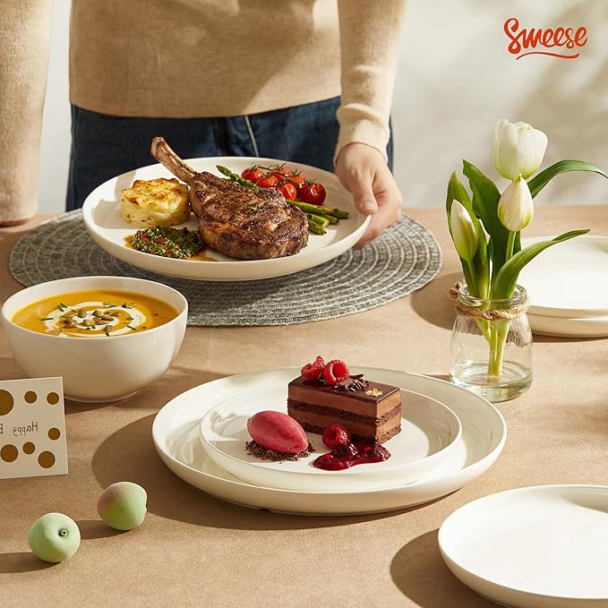 Sweese Porcelain Dinnerware Set of 6 Lightweight Round Plates and Bowls Set - Dishwasher Microwave Oven Safe Scratch Resistant Dinner Sets Kitchen Dishes Set - White
