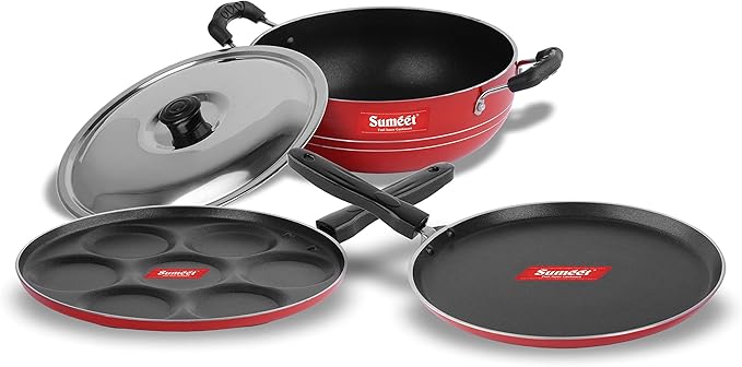 Sumeet 2.6mm Thick Non-Stick Strawberry Combo set (Dosa Tawa – 26.5cm Dia + Multi snack maker – 26.5cm Dia + Kadhai With Lid – 1.5Ltr capacity- 20cm Dia)