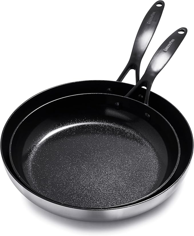 GreenPan Venice Pro Noir Tri-Ply Stainless Steel Healthy Ceramic Nonstick 10 and 12 Frying Pan Skillet Set Matte Black Handle PFAS-Free Multi Clad Induction Dishwasher Safe Oven Safe Silver