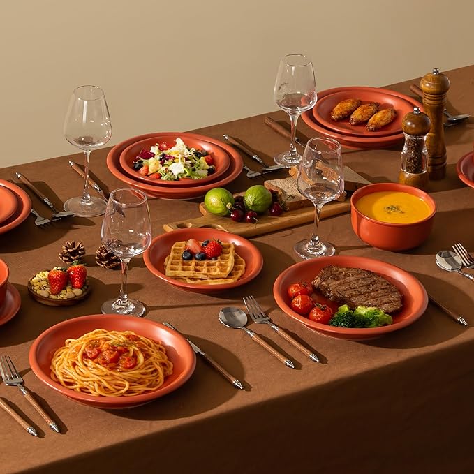 Timeworn Clay Dinnerware Set 12 Pieces Stoneware Sets for 4 Hand-Finished Glaze Farmhouse Plates and Bowls Microwave and Dishwasher Safe Terracotta Red