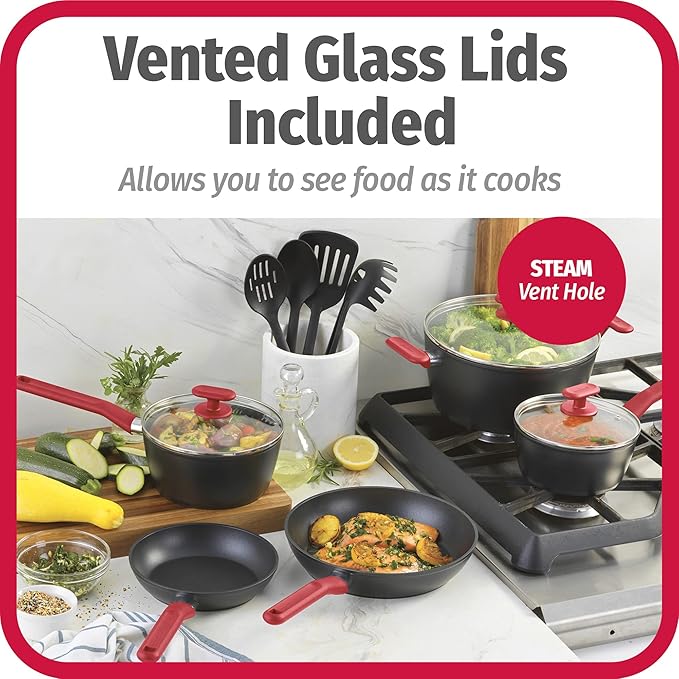 GoodCook ProEase 12-Piece Nonstick Cookware Set Includes 4-Quart Covered Dutch Oven Fry Pans Sauce Pans Utensils Even-Heating Aluminum Tempered Glass Lids Ergonomic Handles