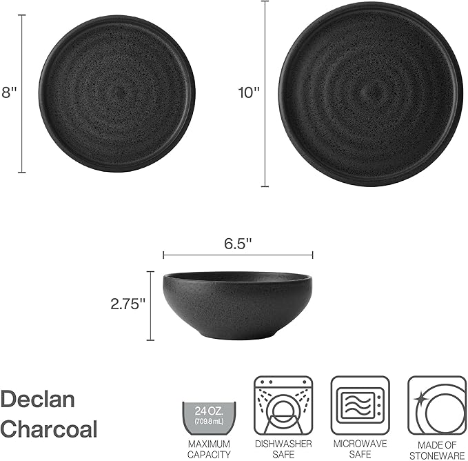 Mikasa Declan 12 Piece Stoneware Dinnerware Set Service for 4 Modern Black Plate and Bowl Dishes with High Rims Black