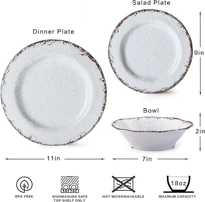 LEHAHA BPA Free Rustic Melamine Plate and Bowl Dinnerware Set Perfect for Indoor Outdoor Dining Party Camping 12 Piece Unbreakable Dinnerware Set Service for 4