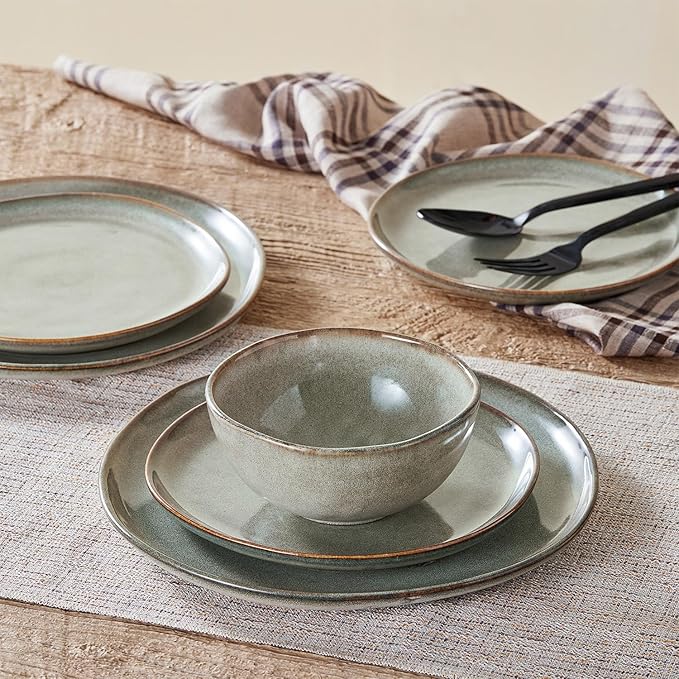KINGSTONE Stoneware Dinnerware Sets 18-Piece Reactive Glaze Porcelain Plates and Bowls Sets for 6 Handcrafted Rustic Ceramic Dishes Set Highly Scratch Resistant Dishwasher &amp Microwave Safe Gr