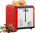 HealSmart 2-Slice Stainless Steel Toaster 6 Browning Setting and 3 Function Toaster Extra Wide Slot &amp Removable Crumb Tray for Bread &amp Waffle Red