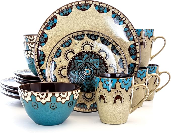 Round Stoneware Dinnerware Set - 16 Piece Tan &amp Blue Clay Heart Design Service for 4 Microwave &amp Dishwasher Safe