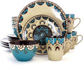 Round Stoneware Dinnerware Set - 16 Piece Tan &amp Blue Clay Heart Design Service for 4 Microwave &amp Dishwasher Safe