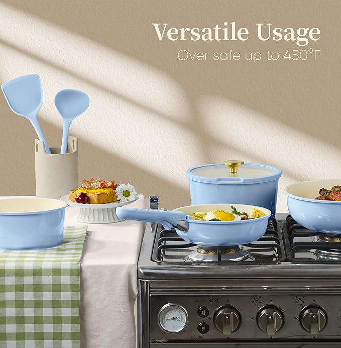 CAROTE 15Pcs Ceramic Cookware Set Pots and Pans Set Non Stick Kitchen Cooking Set with Detachable Handle Non Toxic Induction Cookware Dishwasher/Oven Safe