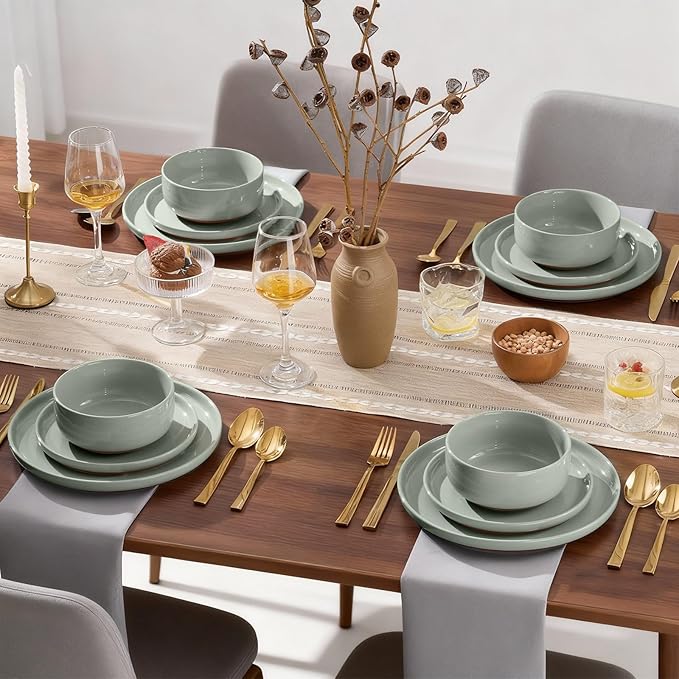 E-far 12-Piece Stoneware Dinnerware Sets Plates and Bowls Sets for 4 Ceramic Dishware Dishes Set with Terracotta Base Chip &amp Scratch Resistant Microwave &amp Dishwasher Safe Speckled Green