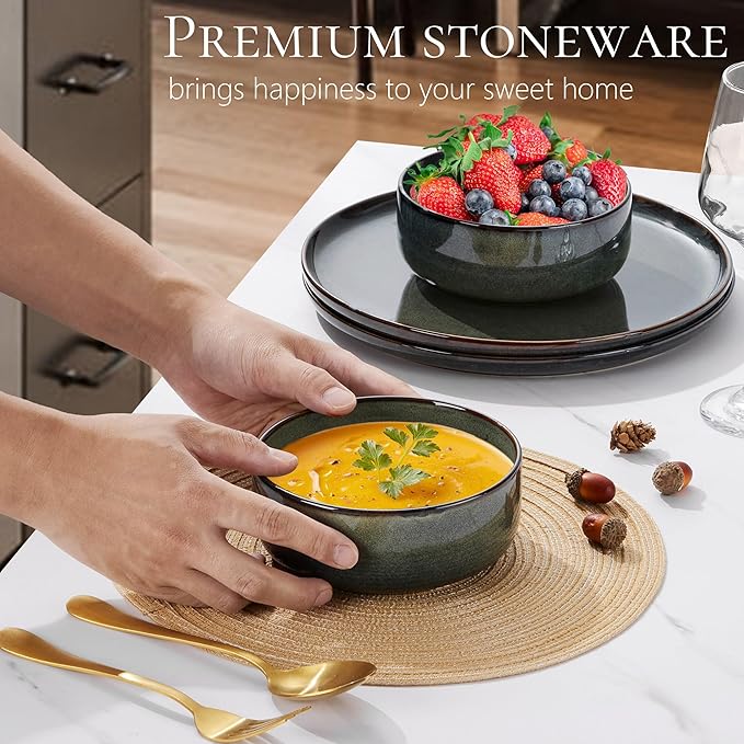 Vesteel Dinnerware Sets for 4 12-Piece Stoneware Dish and Bowls Set Handmade Reactive Glaze Coupe Plates Set for Family Chip &amp Scratch Resistant - Sage Green