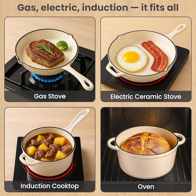QuliMetal Enameled Cast Iron Cookware Set 5 Pcs Pots and Pans with Lid Skillet Frying Pan Saucepan &amp Dutch Oven for All Stovetops PFA Free - Ideal for Sourdough Bread Baking