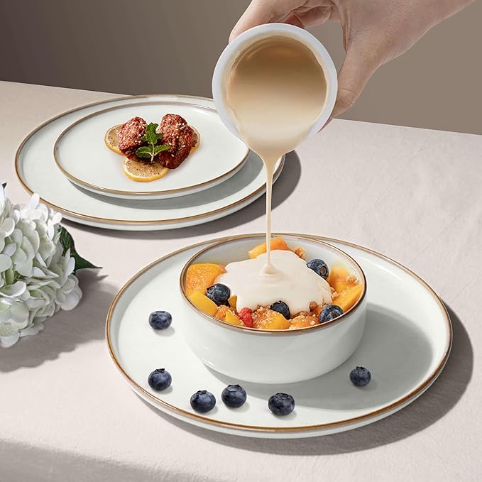 Herogo 24 Pieces Stoneware Dinnerware Dishes Sets for 8 Kitchen Handmade Dining Plates and Bowls Sets Double Reactive Glaze Microwave &amp Dishwasher Safe Scratch Resistant Ivory White