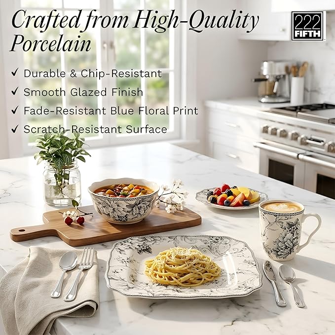 222 Fifth Adelaide 16-Piece Square Floral Dinnerware Set – Service for 4 Grey &amp White Porcelain Plates &amp Bowls for Everyday Dining &amp Entertainment Microwave &amp Dishwasher Safe Chip
