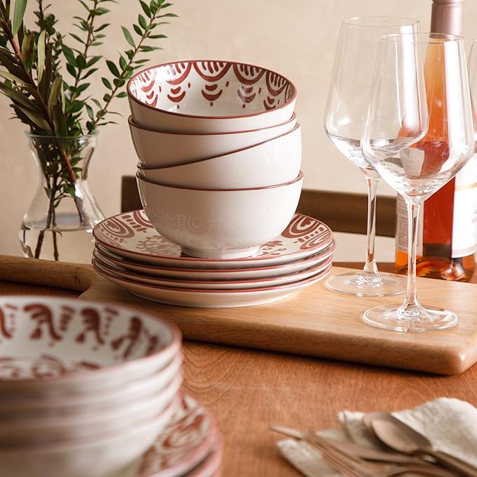 Bloomhouse - 2-Time Oprah’s Favorite Things - Valencia Flor 16 Piece Dinnerware Set Artisanal Decorated Stoneware Plates &amp Bowls Service for 4 Microwave &amp Dishwasher Safe Pomegranate Red
