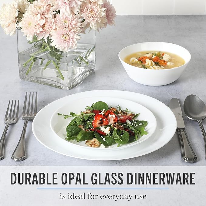 Martha Stewart Opalton 18-Piece Dinnerware Set – Chip and Break Resistant Opal Glass Plates and Bowls Lightweight White Dinner Set for 6 Microwave and Dishwasher Safe