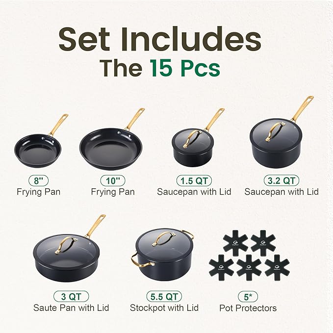 Chef Power Ceramic Cookware Sets 15Pcs Pots and Pans Set Non Stick Cookware Set with Stainless Steel Handle Dishwasher &amp Oven Safe Stone Black and Light Gold Handle