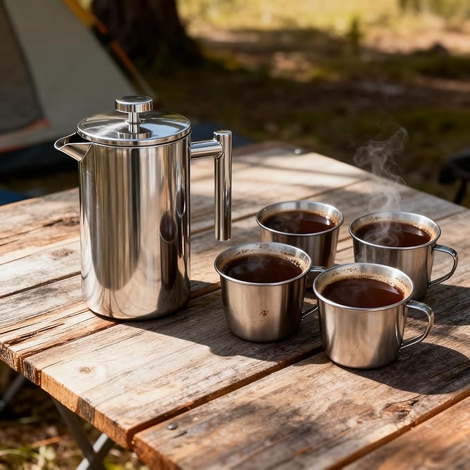 French Press Coffee Maker 34 Oz Dual-wall insulation easy clean durable Stainless Steel French Press Coffee Maker Food grade safe and reliable suitable for home and camping silver.