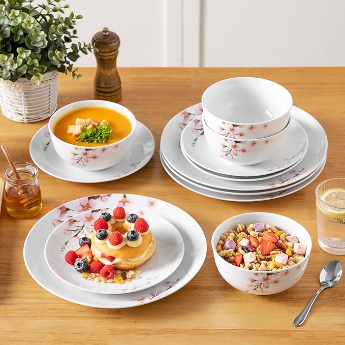 VEWEET Porcelain Dinnerware Sets for 4 12 Pieces Plates and Bowls Set with Pink Floral Kitchen Dishes Set Dining Ware for Family Microwave and Dishwasher Safe Series ANNIE