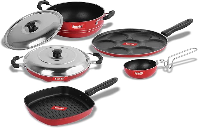 Sumeet 2.6mm Thick Non-Stick Red Wave Cookware set (Multi snack maker – 26.5cm Dia + Kadhai With Lid – 1.5Ltr + Grill Appam Patra With Lid – 23cm Dia + Grill Pan – 1.1Ltr + Tadka Pan – 10cm Dia)