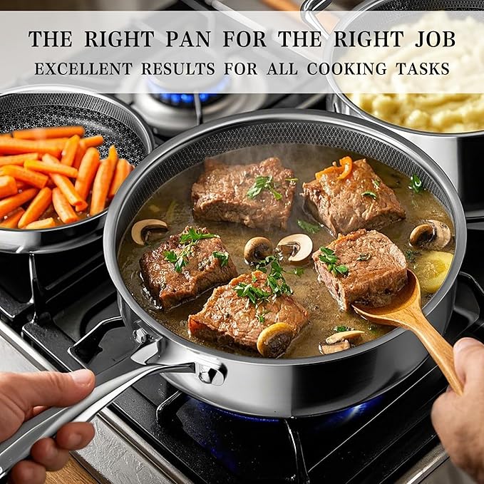 VONIKI Hybrid Tri-ply Stainless Steel Cookware Set Pots And Pans Set Non Stick with Steamer Basket Non Toxic Induction Cookware Kitchen Cookware Sets PFOA &amp PTFE Free Dishwasher and Oven Safe