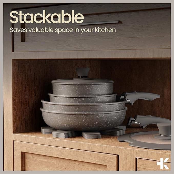 Bakken 17-Piece Ceramic Coated Aluminum Cookware Set Nonstick Pots and Pans with Lids Silicone Cooking Utensils &amp Oven Mitts All Stovetop Safe Up To 500°F PTFE &amp PFAS Free Dishwasher Safe