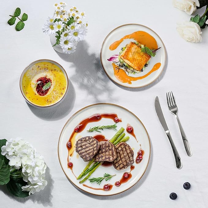Herogo 24 Pieces Stoneware Dinnerware Dishes Sets for 8 Kitchen Handmade Dining Plates and Bowls Sets Double Reactive Glaze Microwave &amp Dishwasher Safe Scratch Resistant Ivory White